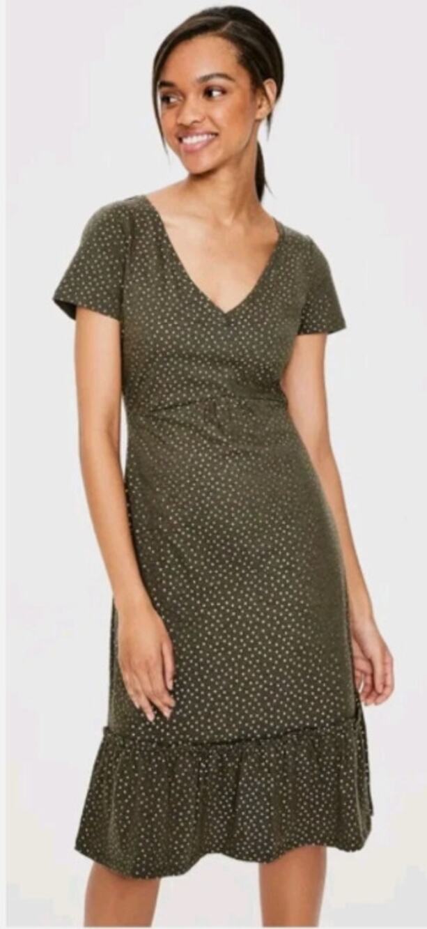 Boden Melissa Jersey Dress Knit Green Gold Polka Dots Ruffle Hem Short Sleeves 6